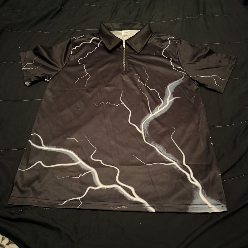 Lightning Graphic Quarter-Zip Short Sleeve Polo Shirt Mens Black Size M